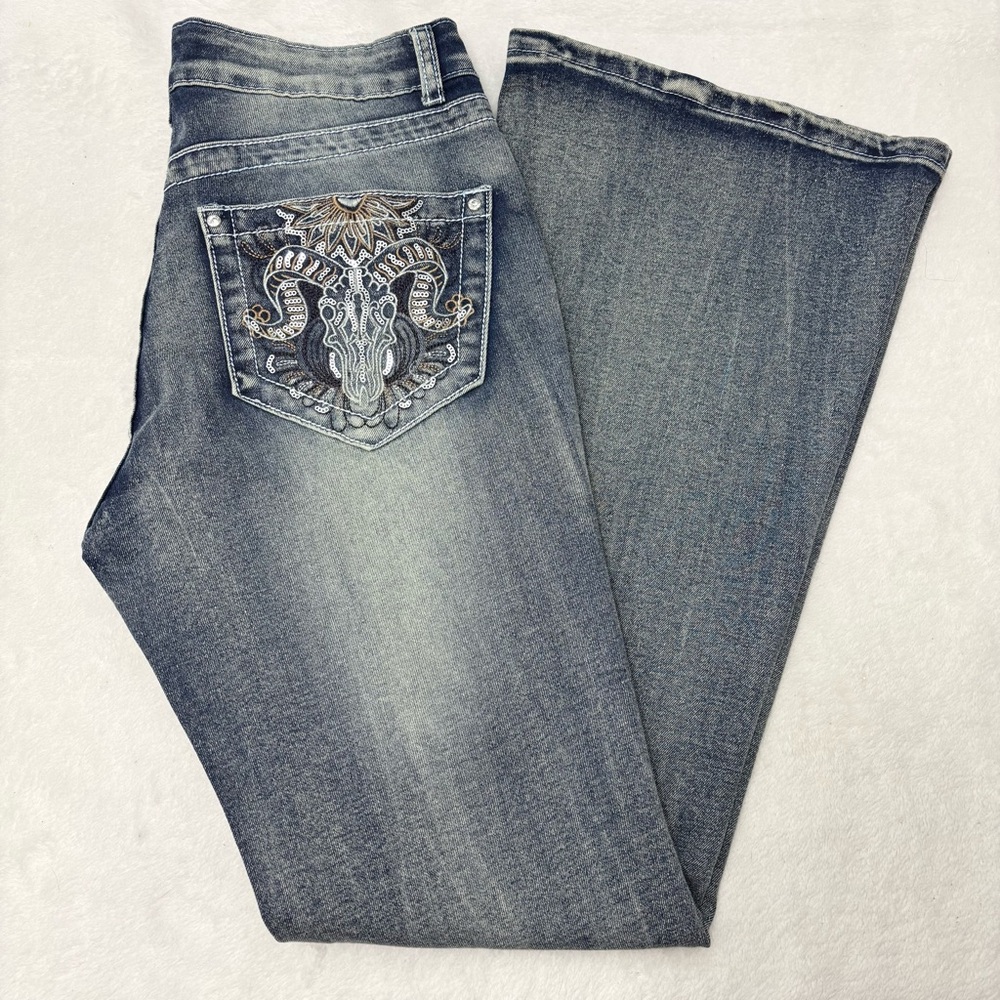 Urban Weekend Bootcut Jeans‎ Embroidered Ram Skull Pockets Sequin Grunge Goth